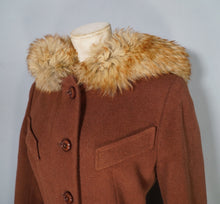 Load image into Gallery viewer, 60s 70s ELGEE BROWN FIT AND FLARE WOOL COAT WITH FAUX FUR HOOD - S
