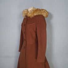 Load image into Gallery viewer, 60s 70s ELGEE BROWN FIT AND FLARE WOOL COAT WITH FAUX FUR HOOD - S