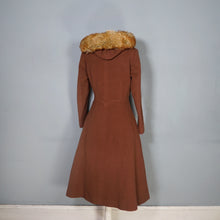 Load image into Gallery viewer, 60s 70s ELGEE BROWN FIT AND FLARE WOOL COAT WITH FAUX FUR HOOD - S