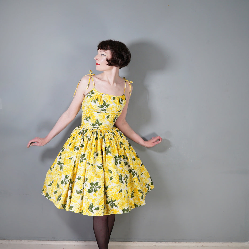 60s STRAPPY TIE SHOULDER BRIGHEST YELLOW FLORAL SUN DRESS - XS-S