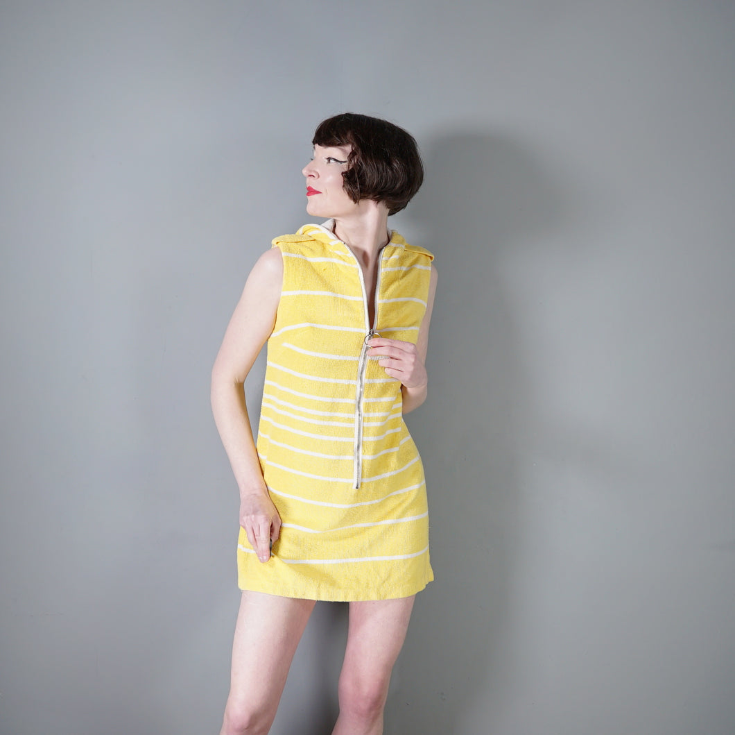 60s TERRY TOWELLING YELLOW STRIPE BEACH ROBE DRESS WITH HOOD - S-M Sartorial Matters 60s TERRY TOWELLING YELLOW STRIPE BEACH ROBE DRESS WITH HOOD - S-M Sartorial Matters