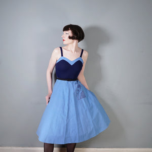 70s STRAPPY BLUE ART DECO LADY NOVELTY POCKET DRESS - S