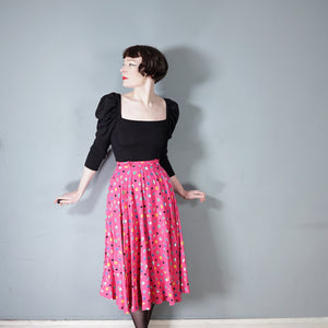 70s DAVID SILVERMAN HOT PINK LIQUORICE ALLSORTS MIDI CIRCLE SKIRT - 24"