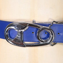 Load image into Gallery viewer, VINTAGE BLUE FAUX LEATHER BELT WITH BIG SILVER SAFETY PIN BUCKLE- 29-30"