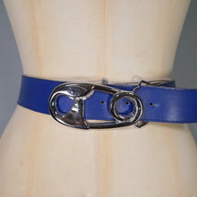 Load image into Gallery viewer, VINTAGE BLUE FAUX LEATHER BELT WITH BIG SILVER SAFETY PIN BUCKLE- 29-30"