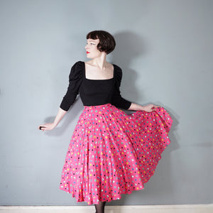 70s DAVID SILVERMAN HOT PINK LIQUORICE ALLSORTS MIDI CIRCLE SKIRT - 24"