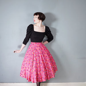 70s DAVID SILVERMAN HOT PINK LIQUORICE ALLSORTS MIDI CIRCLE SKIRT - 24"