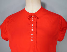 Load image into Gallery viewer, 50s 60s BRIGHT RED COTTON BLOUSE TOP WITH BOW - S