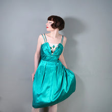 Load image into Gallery viewer, 60s BLANES GREEN SATIN COCKTAIL DRESS WITH FLORAL APPLIQUE BUST - S
