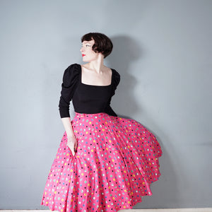 70s DAVID SILVERMAN HOT PINK LIQUORICE ALLSORTS MIDI CIRCLE SKIRT - 24"