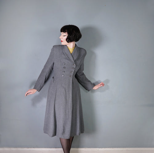 40s GREY FIT AND FLARE LIGHTWIGHT DOUBLE BREASTED WOOL COAT - S