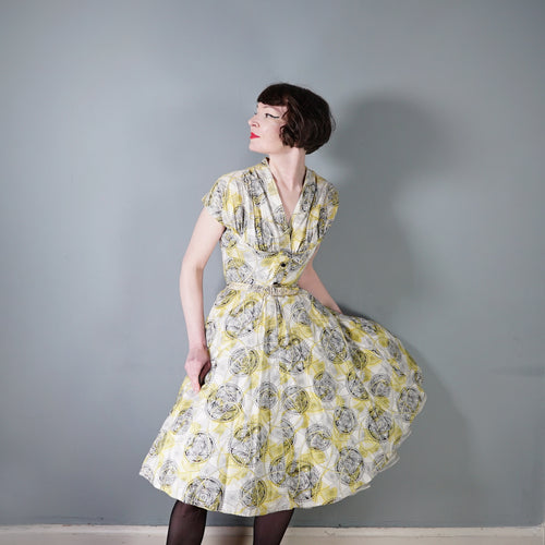 YELLOW AND BLACK GRAPHIC CIRCULAR SUN PRINT COTTON DAY DRESS - S