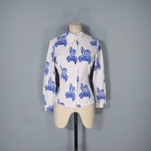 Load image into Gallery viewer, 70s BETTY BARCLAY SHIRT BLUE WHITE VAN AND MOD PRINT SHIRT - S