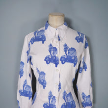Load image into Gallery viewer, 70s BETTY BARCLAY SHIRT BLUE WHITE VAN AND MOD PRINT SHIRT - S