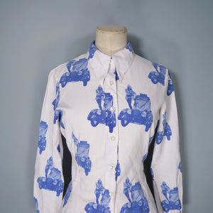 70s BETTY BARCLAY SHIRT BLUE WHITE VAN AND MOD PRINT SHIRT - S