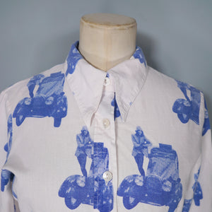 70s BETTY BARCLAY SHIRT BLUE WHITE VAN AND MOD PRINT SHIRT - S