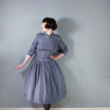 Load image into Gallery viewer, 40s 50s BLUE CHECKED FULL SKIRTED GOVERNESS DRESS WITH LACE TRIM - S