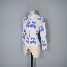Load image into Gallery viewer, 70s BETTY BARCLAY SHIRT BLUE WHITE VAN AND MOD PRINT SHIRT - S
