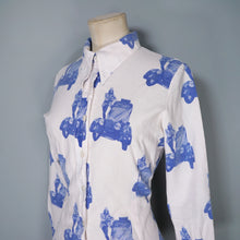 Load image into Gallery viewer, 70s BETTY BARCLAY SHIRT BLUE WHITE VAN AND MOD PRINT SHIRT - S