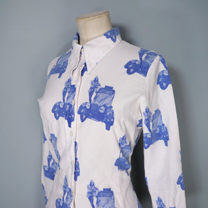 70s BETTY BARCLAY SHIRT BLUE WHITE VAN AND MOD PRINT SHIRT - S