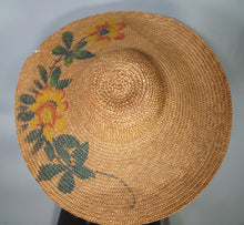 Load image into Gallery viewer, 40s HANDPAINTED EXTRA WIDE RIM STRAW HOLIDAY / SUMMER SUN HAT