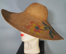 Load image into Gallery viewer, 40s HANDPAINTED EXTRA WIDE RIM STRAW HOLIDAY / SUMMER SUN HAT