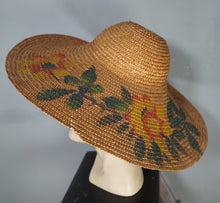 Load image into Gallery viewer, 40s HANDPAINTED EXTRA WIDE RIM STRAW HOLIDAY / SUMMER SUN HAT
