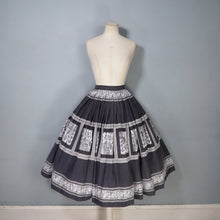 Load image into Gallery viewer, 50s BLACK, GREY AND WHITE EGYPTIAN NOVELTY PRINT SKIRT - 25"