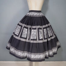Load image into Gallery viewer, 50s BLACK, GREY AND WHITE EGYPTIAN NOVELTY PRINT SKIRT - 25"
