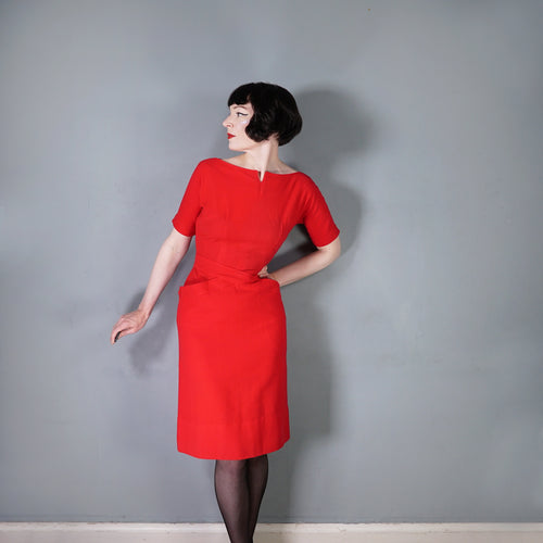 50s / 60s SUE BRETT RED SOFT WOOL FITTED WIGGLE DRESS - M