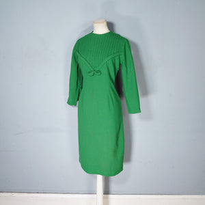 60s PEA GREEN WOOL FITTED SHIFT DRESS - M