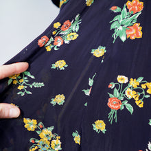 Load image into Gallery viewer, 70s JEFF BANKS BLACK FLORAL 40s INSPIRED SILKY TEA DRESS - S