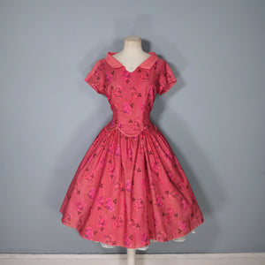 50s PINK RED ALICE EDWARDS ROSE PRINT FLORAL FULL SKIRTED DRESS - S-M / petite