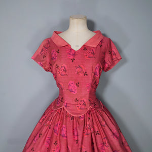 50s PINK RED ALICE EDWARDS ROSE PRINT FLORAL FULL SKIRTED DRESS - S-M / petite