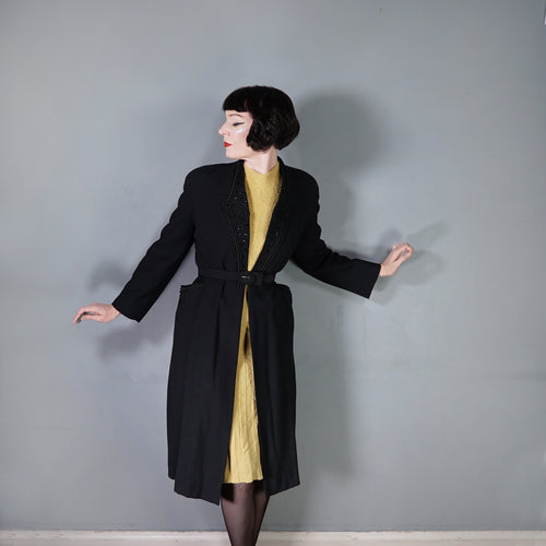 40s RUE DE LA PAIX BLACK BEADED GOTHIC PARISIAN BELTED COAT - S
