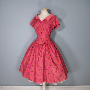 50s PINK RED ALICE EDWARDS ROSE PRINT FLORAL FULL SKIRTED DRESS - S-M / petite