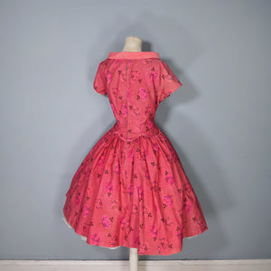 50s PINK RED ALICE EDWARDS ROSE PRINT FLORAL FULL SKIRTED DRESS - S-M / petite