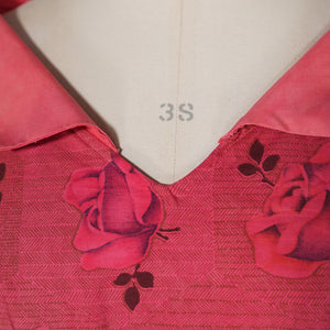 50s PINK RED ALICE EDWARDS ROSE PRINT FLORAL FULL SKIRTED DRESS - S-M / petite
