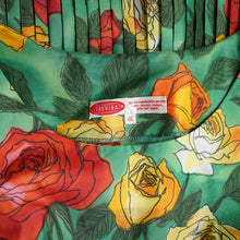 Load image into Gallery viewer, 60s COLOURFUL BRIGHT GREEN RED AND ORANGE BIG ROSE PRINT PLEATED DRESS - L / VOLUP