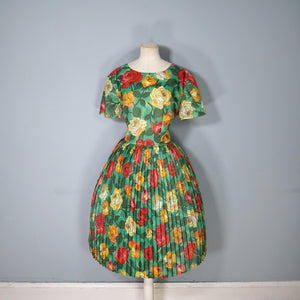 60s COLOURFUL BRIGHT GREEN RED AND ORANGE BIG ROSE PRINT PLEATED DRESS - L / VOLUP