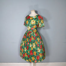 Load image into Gallery viewer, 60s COLOURFUL BRIGHT GREEN RED AND ORANGE BIG ROSE PRINT PLEATED DRESS - L / VOLUP
