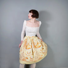 Load image into Gallery viewer, 50s HANDMADE YELLOW NOVELTY CAFE PRINT FULL COTTON SKIRT - 25.5"