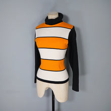 Load image into Gallery viewer, 60s 70s &quot;POETIC&quot; ORANGE STRIPED RIBBED TURTLENECK JUMPER TOP - M