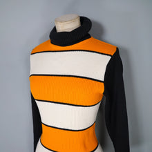 Load image into Gallery viewer, 60s 70s &quot;POETIC&quot; ORANGE STRIPED RIBBED TURTLENECK JUMPER TOP - M