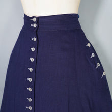 Load image into Gallery viewer, 40s 50s WOVEN NAVY A-LINE  MIDI SKIRT WITH ALL THE BUTTONS - 26"