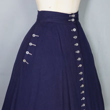 Load image into Gallery viewer, 40s 50s WOVEN NAVY A-LINE  MIDI SKIRT WITH ALL THE BUTTONS - 26"