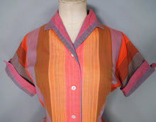 Load image into Gallery viewer, 50s 60s BETTY BARCLAY COLOURFUL RED ORANGE MULTI STRIPE COTTON SHIRTW - S