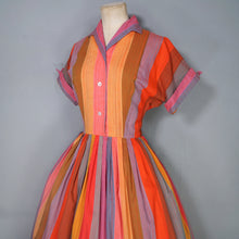 Load image into Gallery viewer, 50s 60s BETTY BARCLAY COLOURFUL RED ORANGE MULTI STRIPE COTTON SHIRTW - S