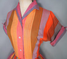 Load image into Gallery viewer, 50s 60s BETTY BARCLAY COLOURFUL RED ORANGE MULTI STRIPE COTTON SHIRTW - S