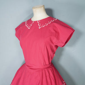 50s DEEP PINK FIT AND FLARE FULL SKIRTED COTTON DRESS WITH EMBROIDERY - S-M